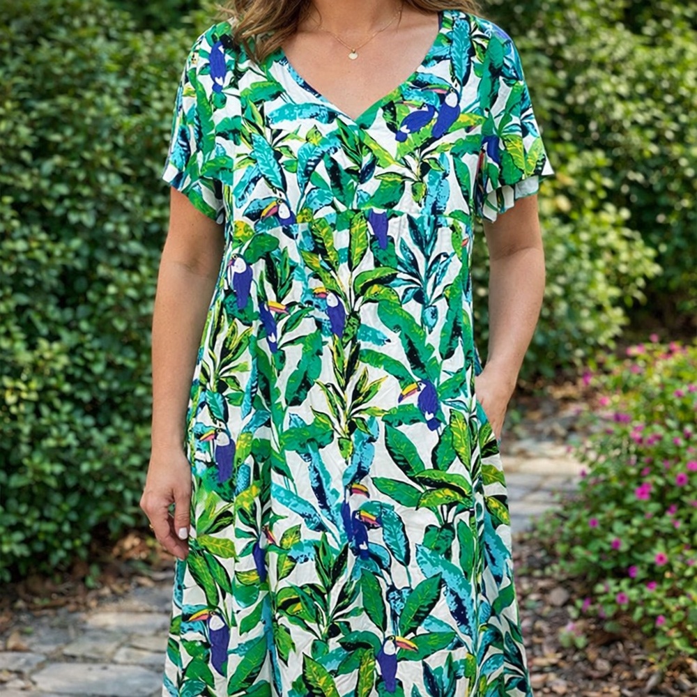 Signature Collection Tropical Print V-neck Midi Dress Size Large